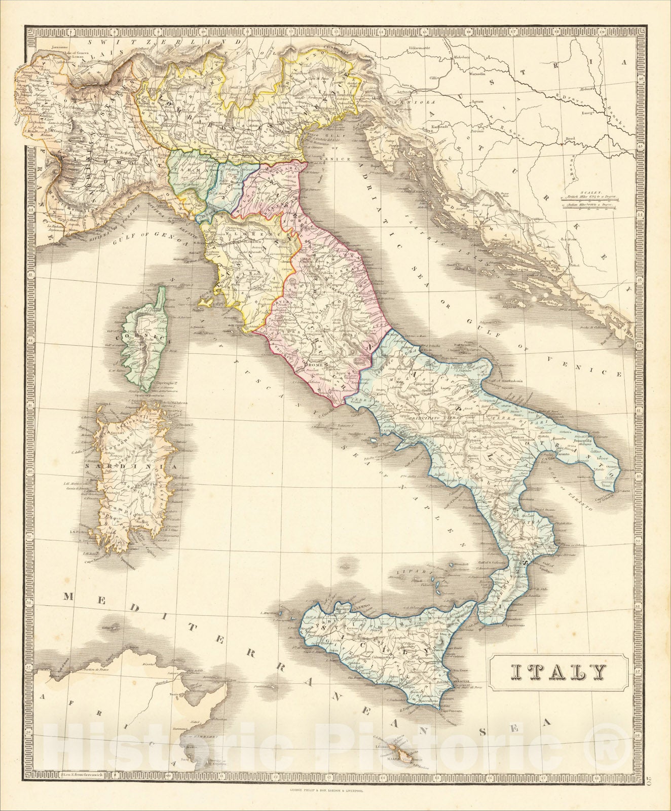 Historic Map : Italy, 1854, George Philip & Son, Vintage Wall Art