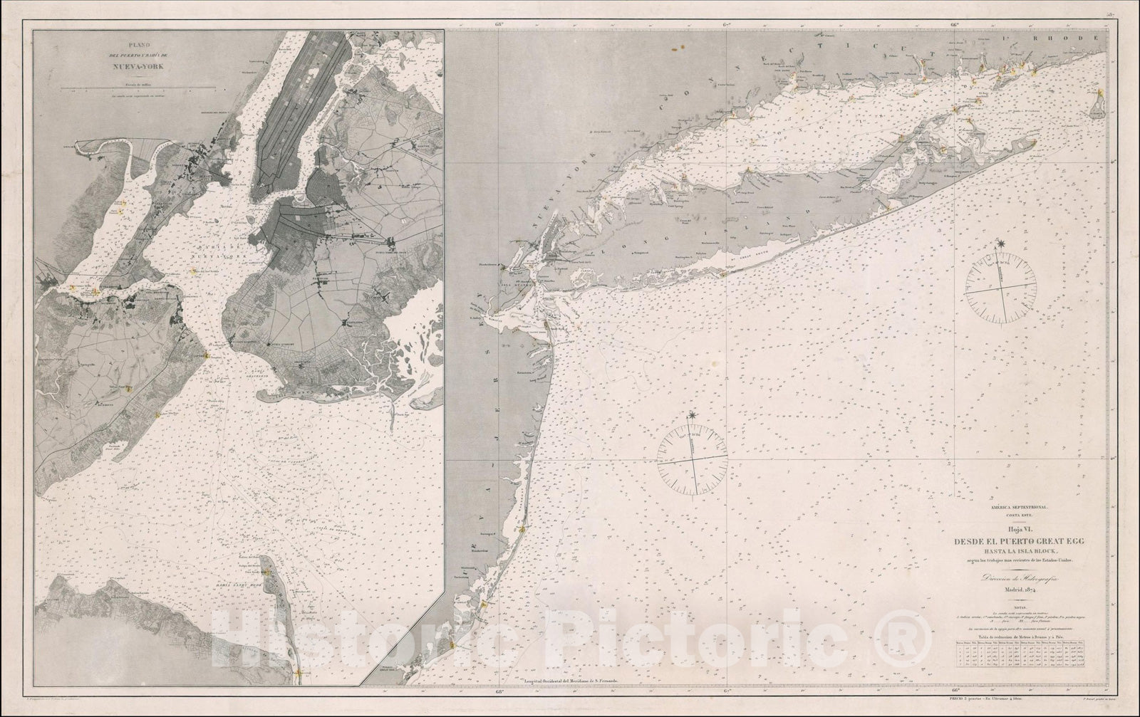 Historic Map : Plano Del Puerto y Bahia De Nueva-York with Hoja VI Desde El Puerto Great Egg Hasta La Isla Block, 1874, 1874, Direccion Hidrografica de Madrid, Vintage Wall Art