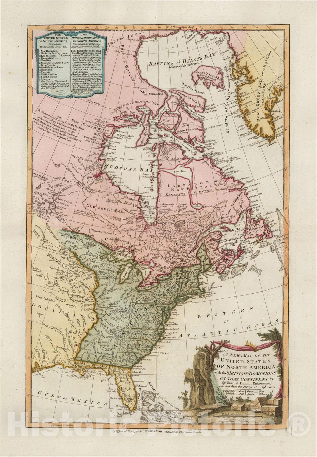 Historic Map : A New Map of the United States of North America with the British Dominions on that Continent, 1794, Robert Sayer, Vintage Wall Art