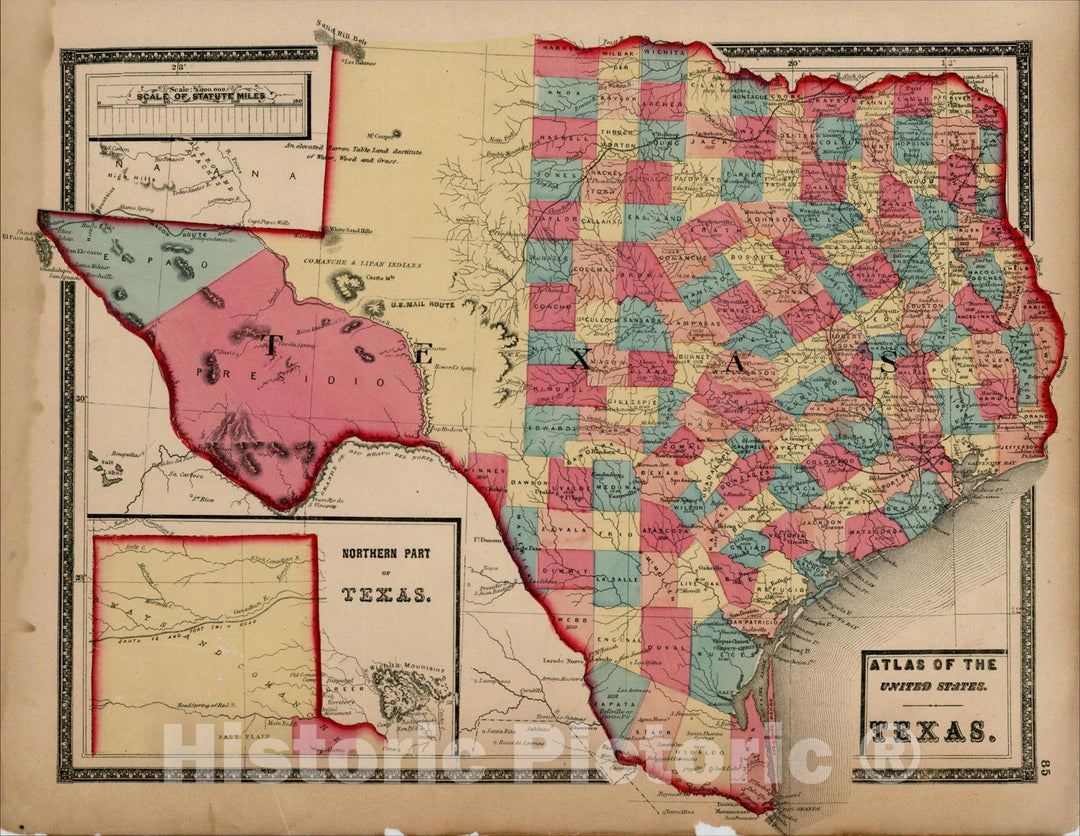 Historic Map : Texas, 1872, Henry Francis Walling, Vintage Wall Art