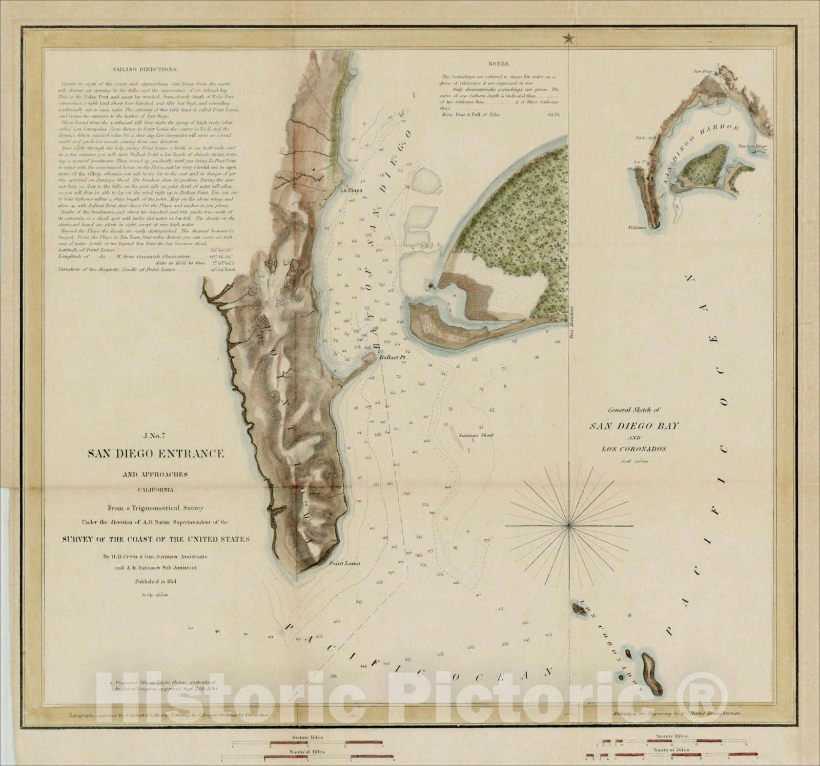 Historic Map : San Diego Entrance and Approaches, 1851, 1851, U.S. Coast Survey, v2, Vintage Wall Art