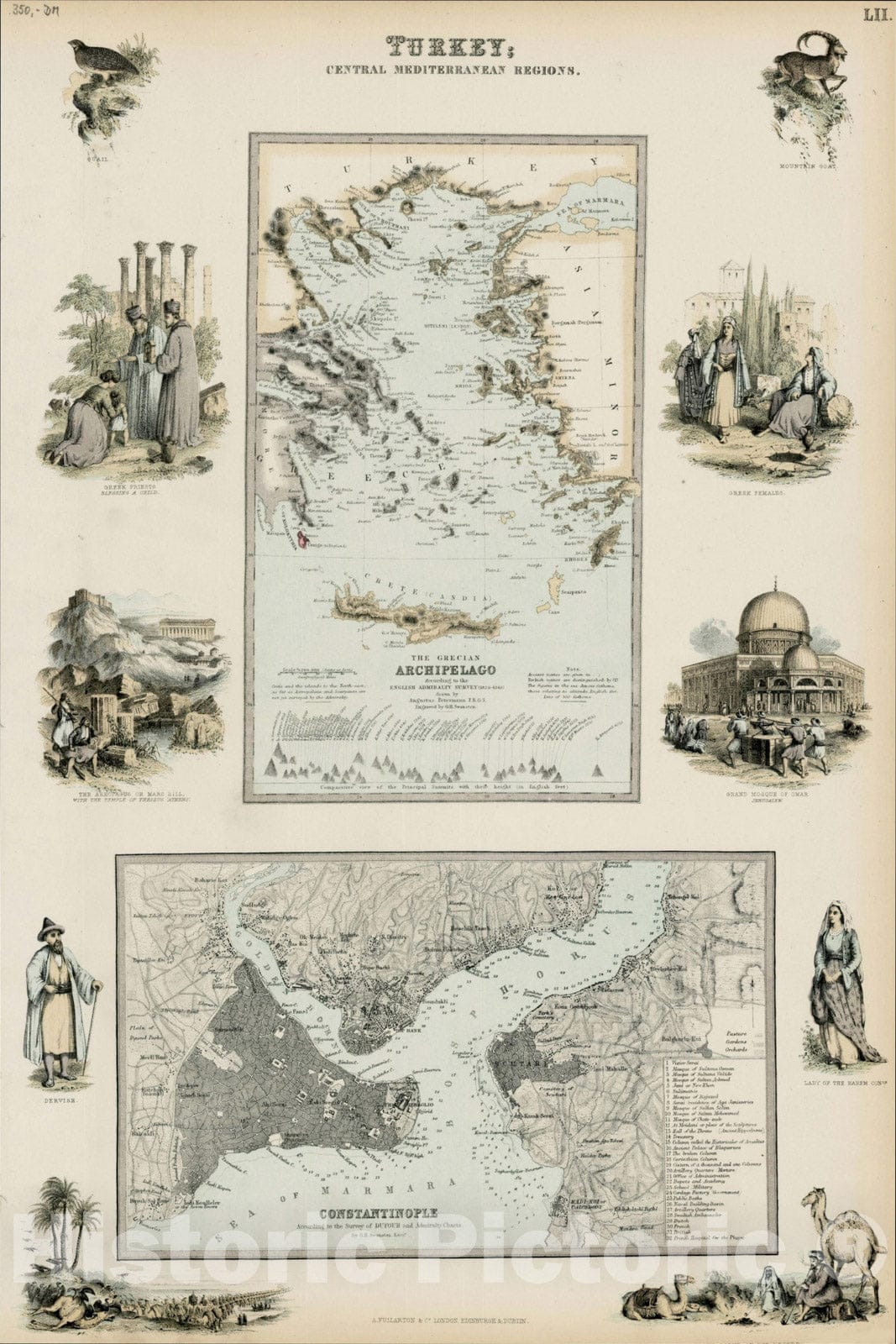 Historic Map : Turkey; Central Mediterranean Regions (and) Constantinople , 1855, , Vintage Wall Art