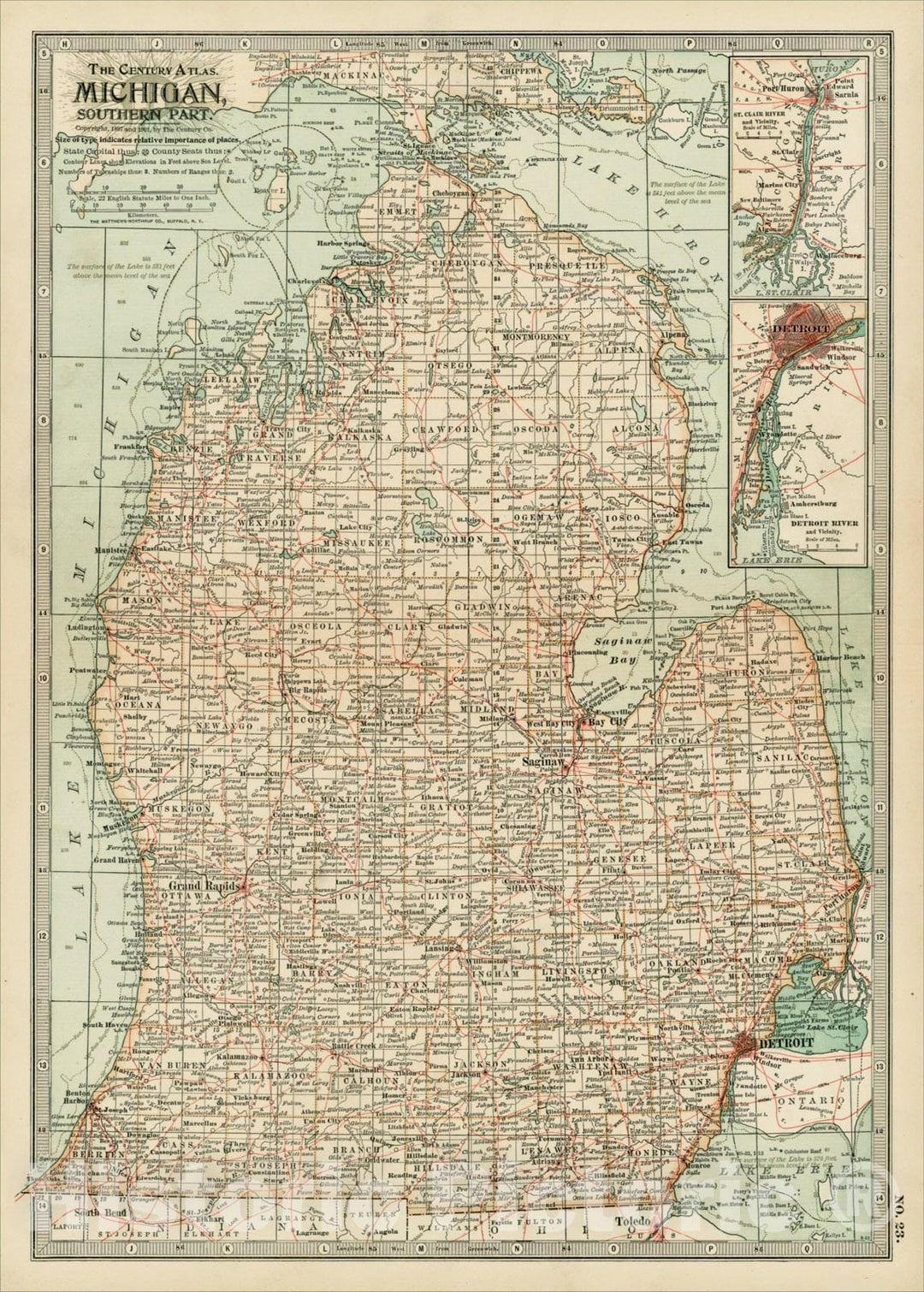 Historic Map : Michigan, Southern Part, 1897, The Century Company, Vintage Wall Art