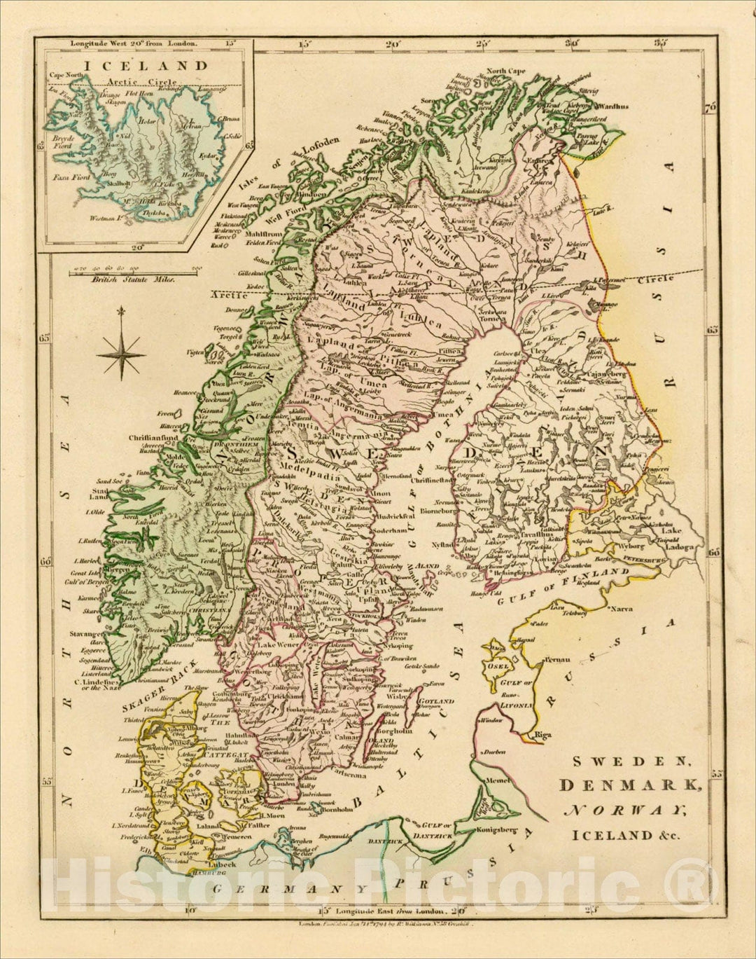 Historic Map : Norway and Sweden with their Dependancies [Inset map of Iceland], 1794, Robert Wilkinson, Vintage Wall Art