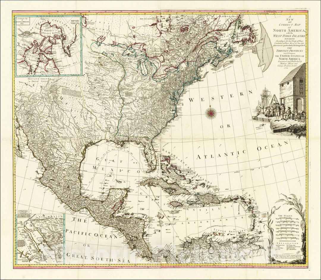 Historic Map : A New and Correct Map of North America with the West India Islands, 1784, Tobias Conrad Lotter, Vintage Wall Art