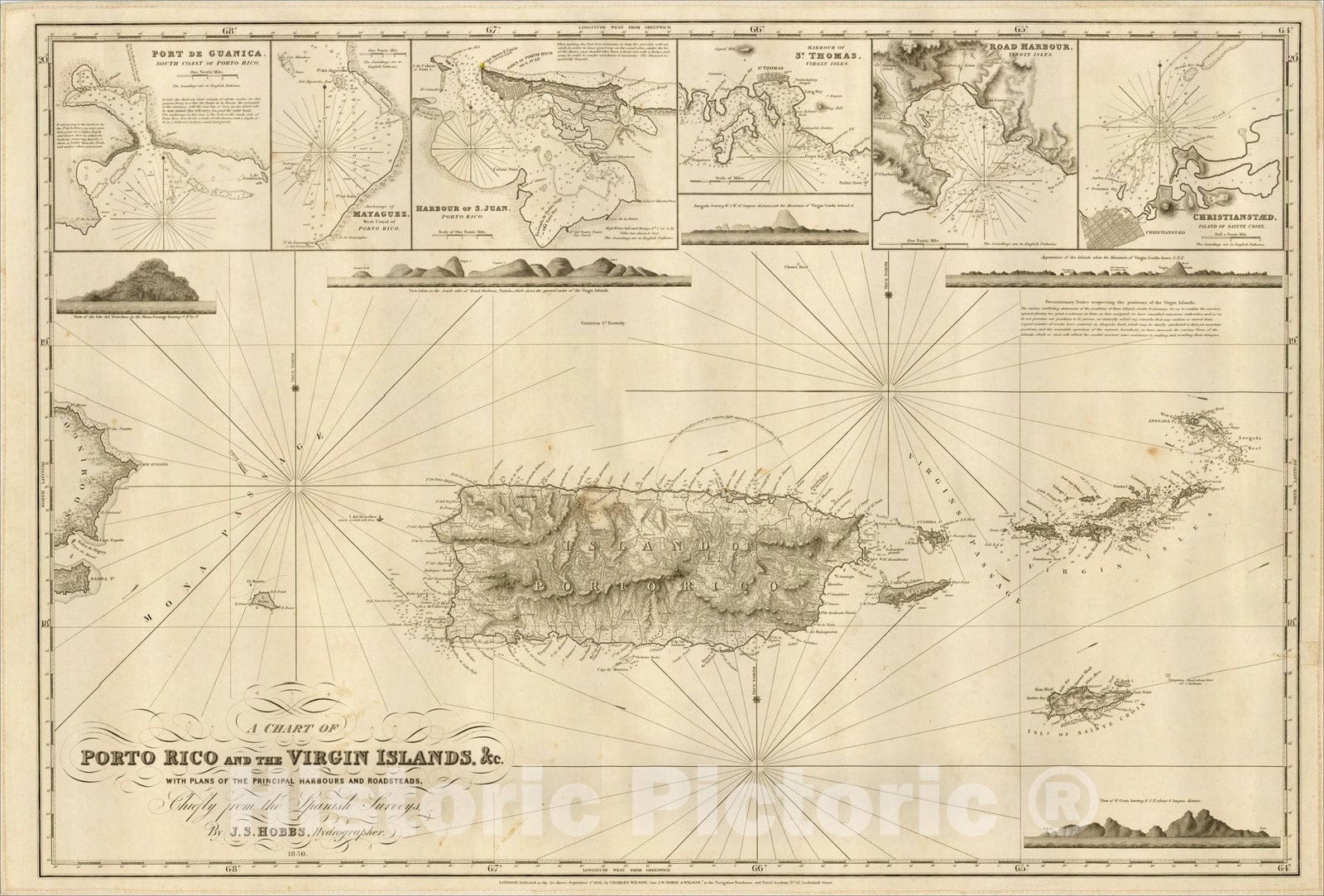 Historic Map : A Chart of Porto Rico and the Virgin Islands, 1850, C W Hobbs, Vintage Wall Art