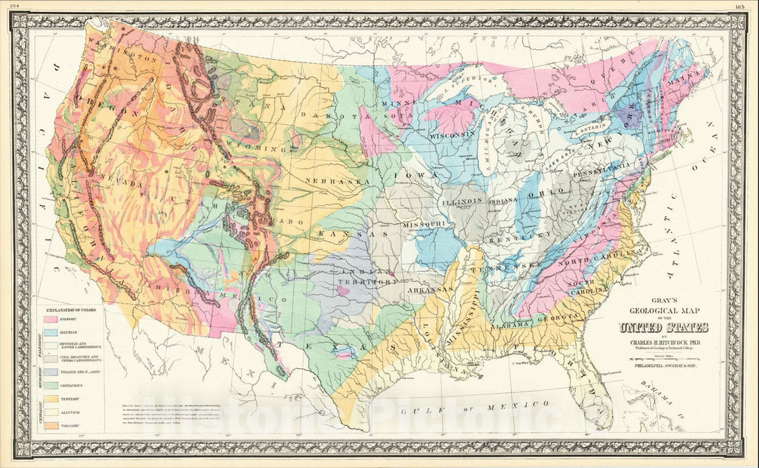 Historic Map : Gray's Map of the United States Showing the Principal Geological Formations, 1875, O.W. Gray & Son, Vintage Wall Art