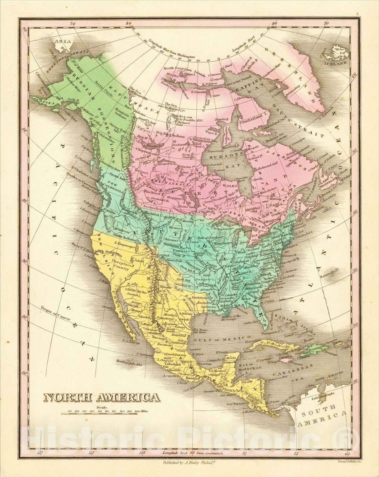 Historic Map : North America, 1824, Anthony Finley, v3, Vintage Wall Art