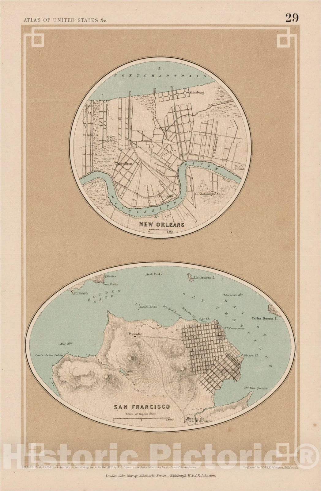 Historic Map : New Orleans (and) San Francisco, 1857, Henry Darwin Rogers, Vintage Wall Art