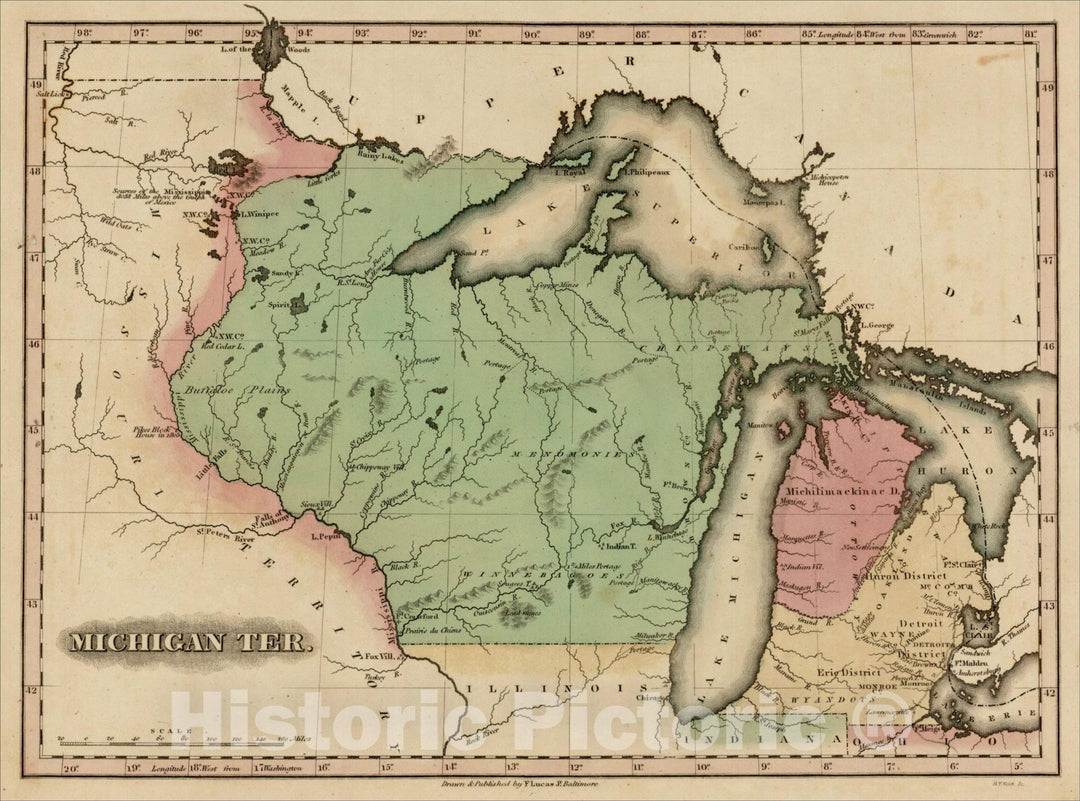 Historic Map : Michigan Ter., 1823, Fielding Lucas Jr., Vintage Wall Art