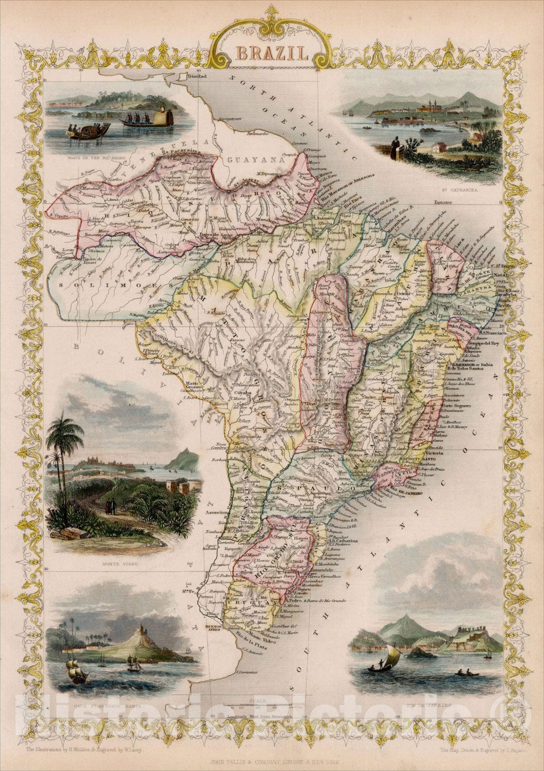 Historic Map : Brazil, 1851, John Tallis, v2, Vintage Wall Art