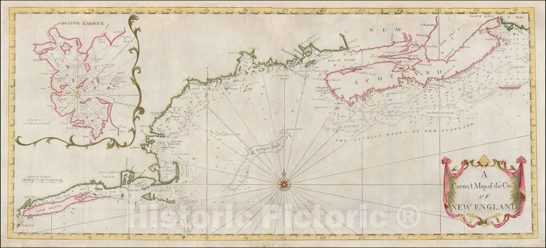 Historic Map : A Correct Map of the Coast of New England, c1749, , Vintage Wall Art