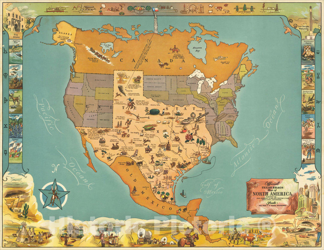 Historic Map : Official Texas Brags Map of North America, Scale One Inch = 6 Texas Grapefruit, 1948, Mark Storm, v1, Vintage Wall Art