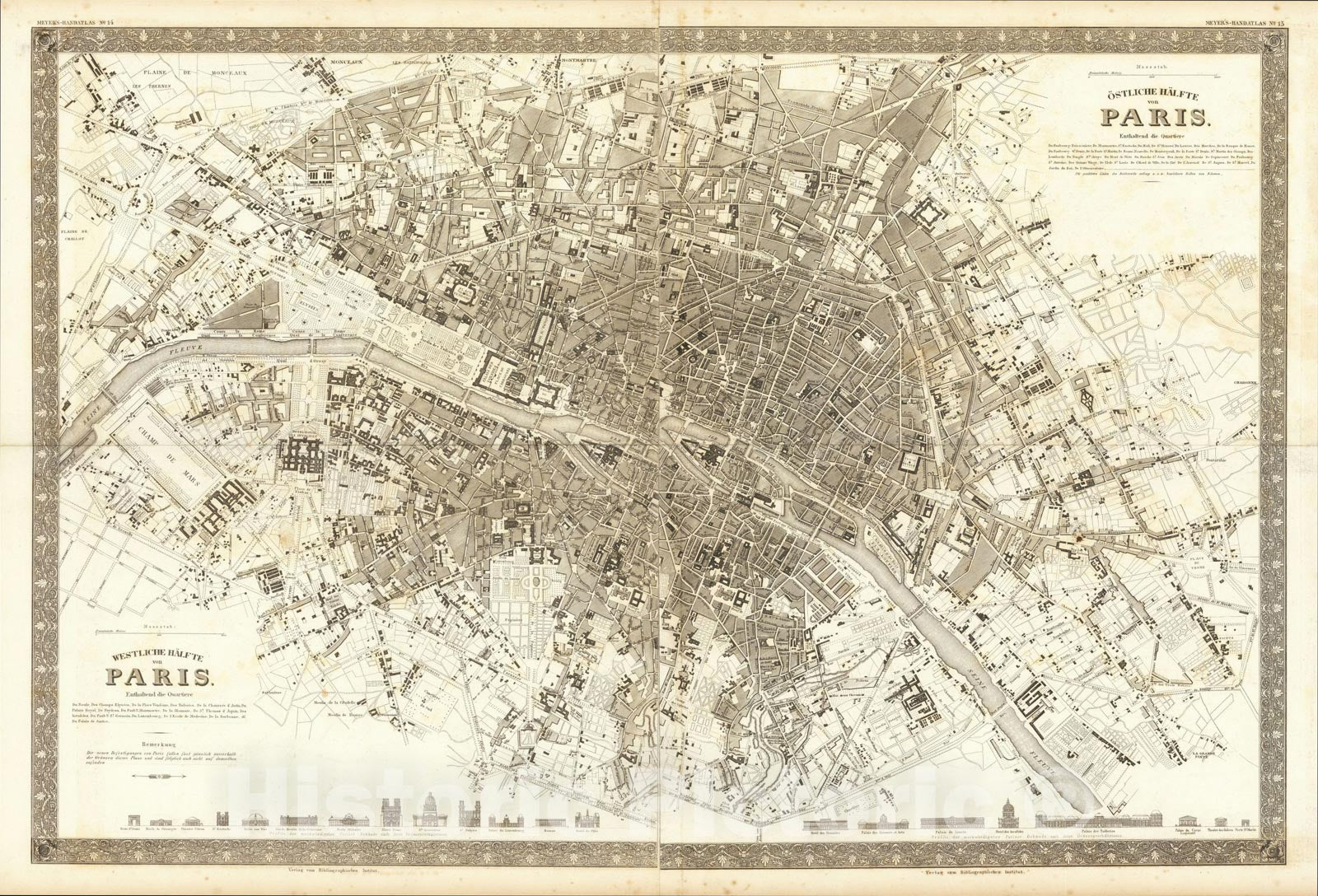 Historic Map : Ostliche Halfte von Paris, Westliche Halfte von Paris, 1845, Joseph Meyer, Vintage Wall Art