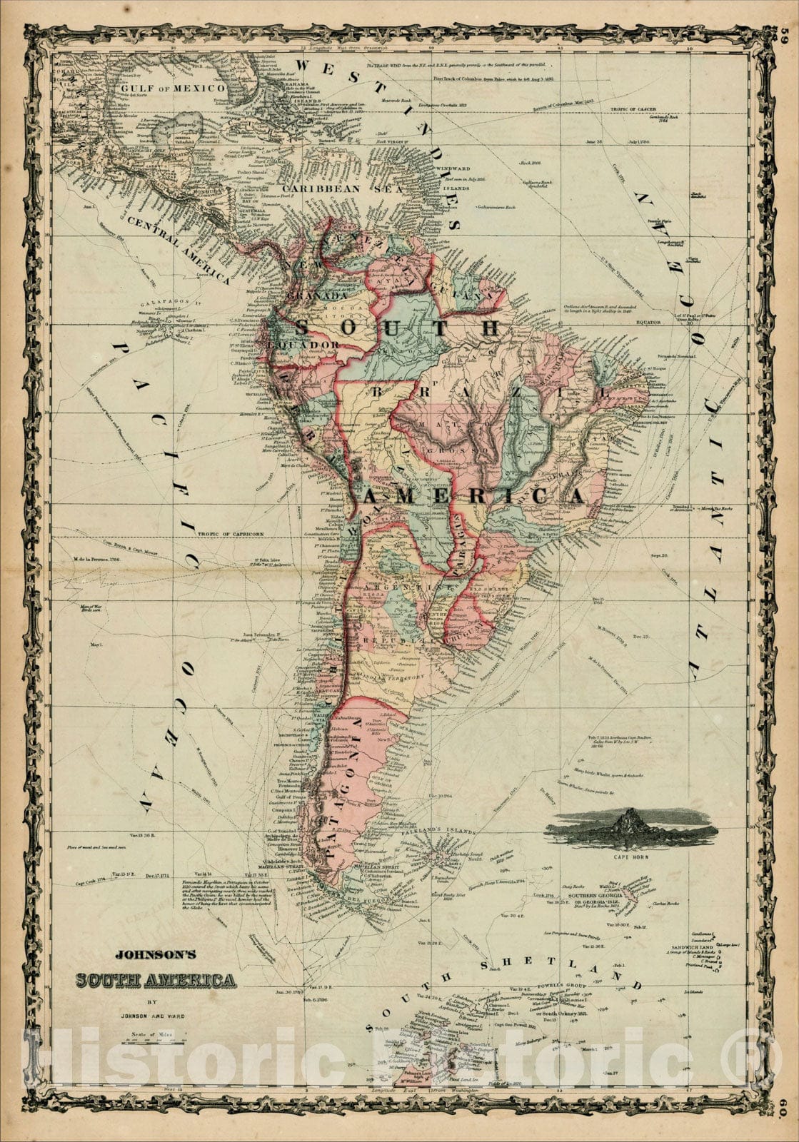 Historic Map : Johnson's South America, 1862, Benjamin Ward, Vintage Wall Art