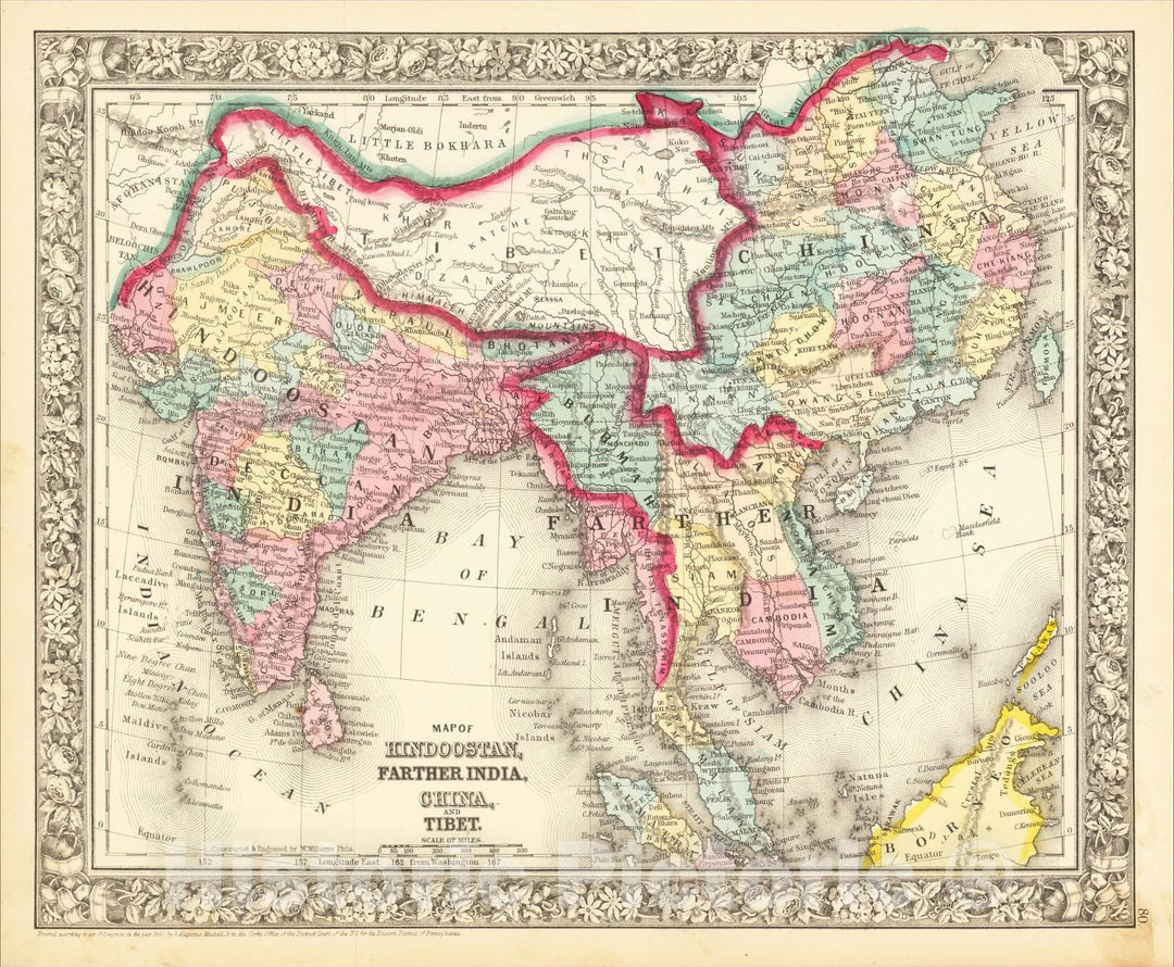 Historic Map : Map of Hindoostan, Farther India, China and Tibet, 1864, Samuel Augustus Mitchell Jr., Vintage Wall Art