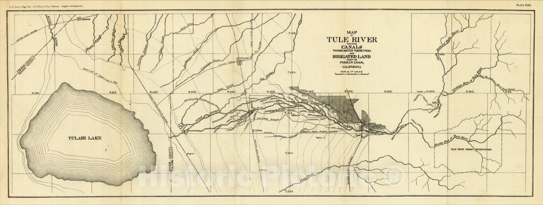 Historic Map : Map of the Tule River Showing Canals Taking Water Therefrom and Irrigated Land under the Pioneer Canal, 1901, U.S. Department of Agriculture, Vintage Wall Art