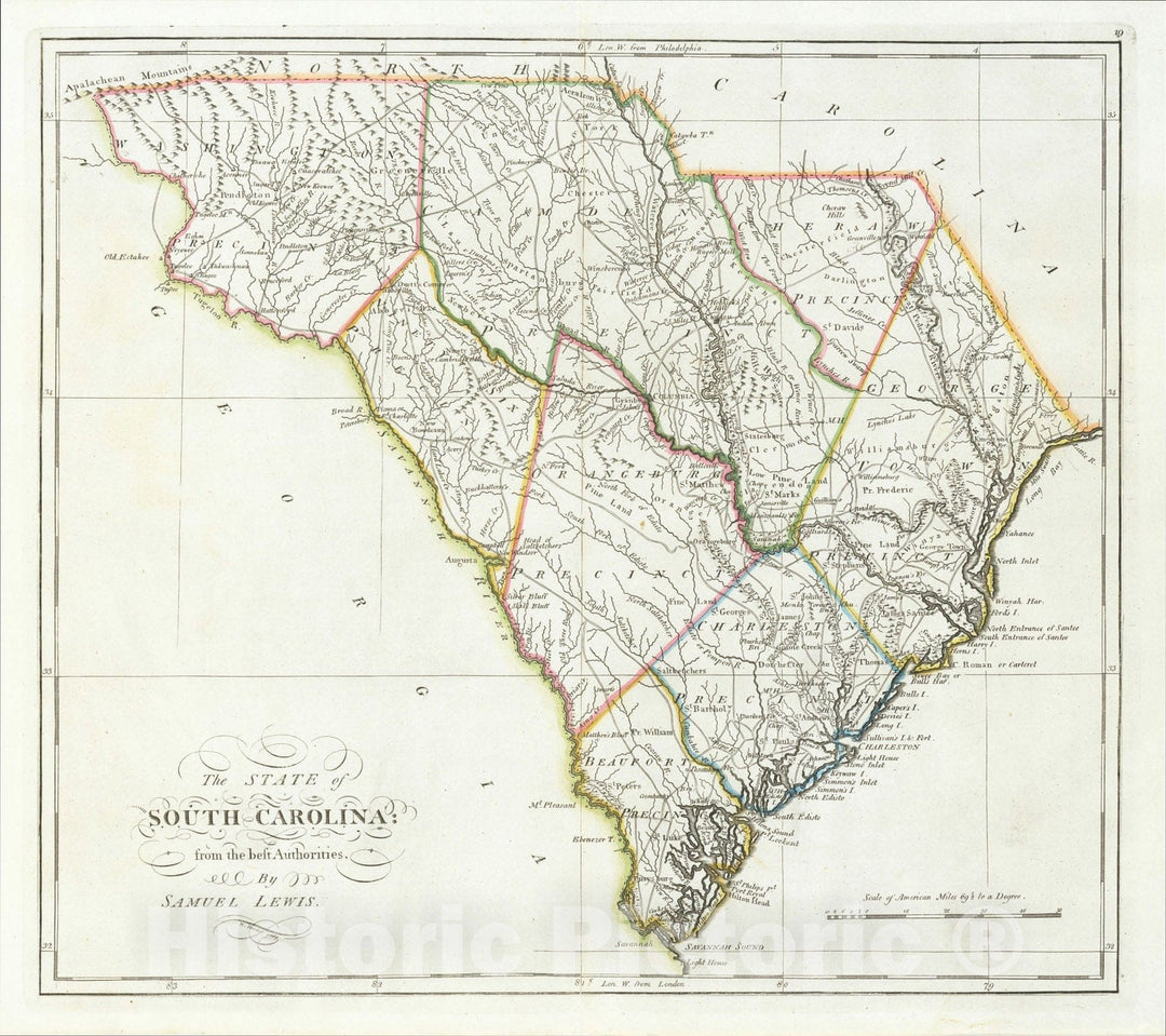 Historic Map : The State of South Carolina from the best Authorities by Samuel Lewis, 1814, Mathew Carey, Vintage Wall Art