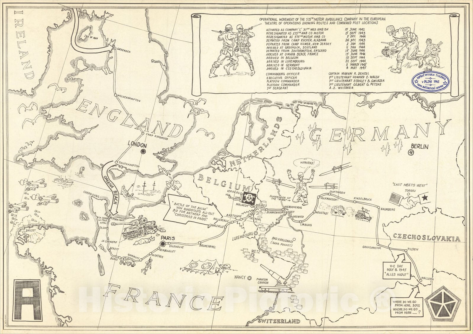 Historic Map : (Second World War - Triumphal Map) Operational Movement of the 575th Motor Ambulance Company in the European Theatre of Operations, 1945, , Vintage Wall Art