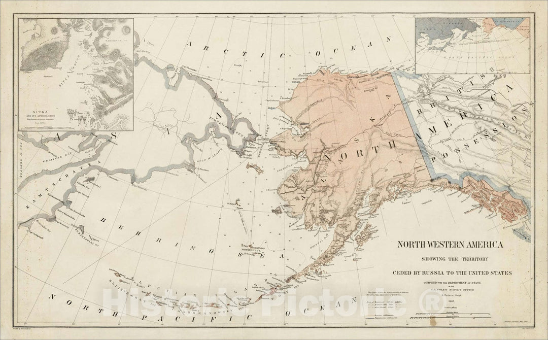 Historic Map : Northwestern America Showing The Territory Ceded By Russia To The United States Compiled for the Department of State B. Peirce, Supt., 1867, , Vintage Wall Art