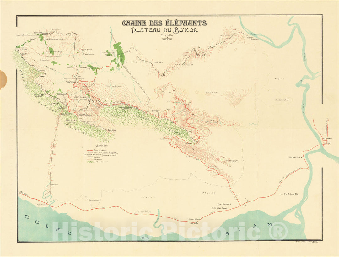 Historic Map : [Elephants and Tourism] Chaine Des Elephants Plateau Du Bo'kor [Southeastern Cambodia], 1925, A. Ardin, Vintage Wall Art