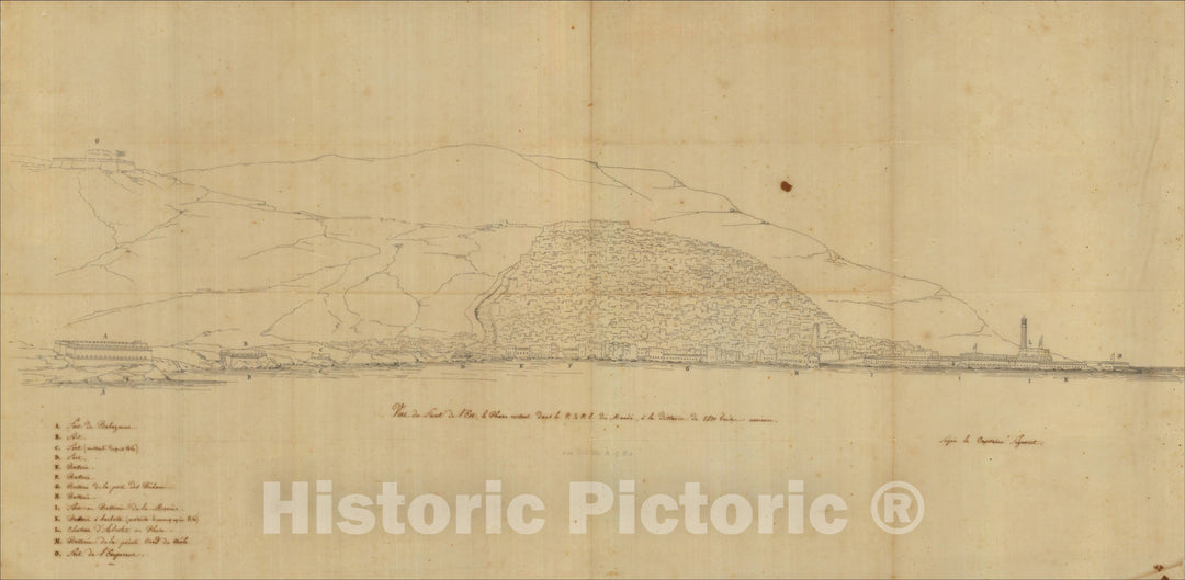 Historic Map : (Manuscript View - Algeria) Birdseye View of the Town and Fortifications of Algiers, c1827, Capitaine Signouret, Vintage Wall Art