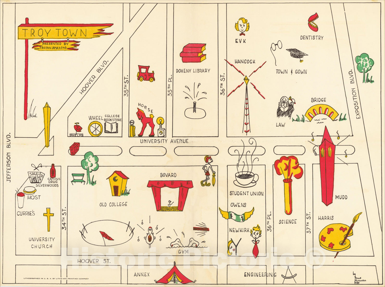 Historic Map : (USC Pictorial Map) Troy Town Presented by Trojan Amazons, c1946, Pollie Mitchell, Vintage Wall Art