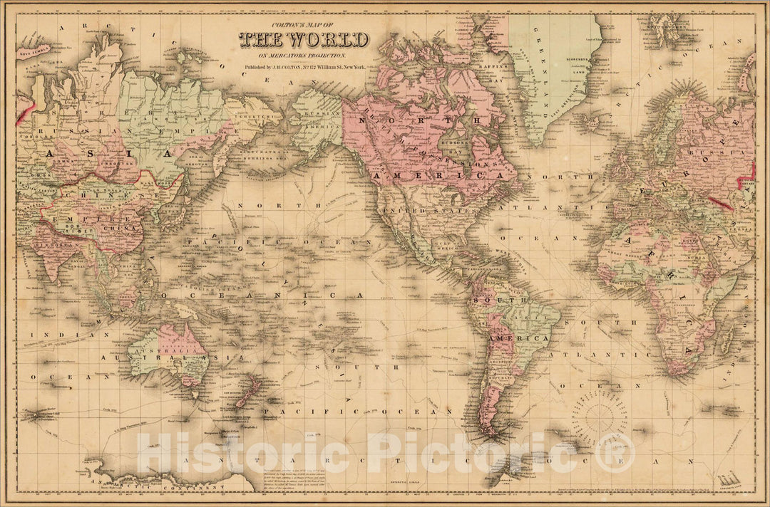 Historic Map : Colton's Map of the World on Mercator's Projection, 1865, G.W. & C.B. Colton, Vintage Wall Art