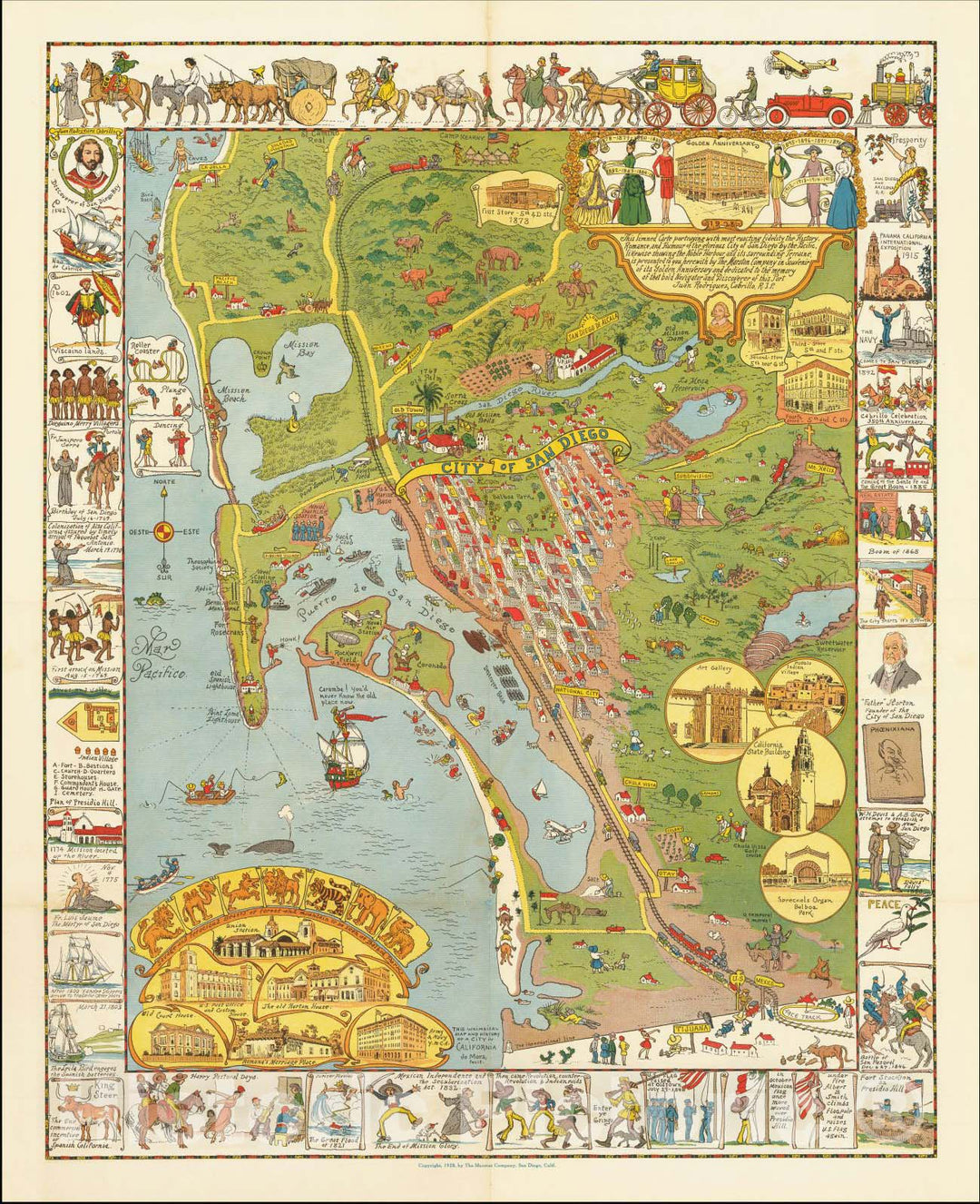 Historic Map : Romance and Humour of the glorious City of San Diego by the Pacific, 1928, Jo Mora, v1, Vintage Wall Art