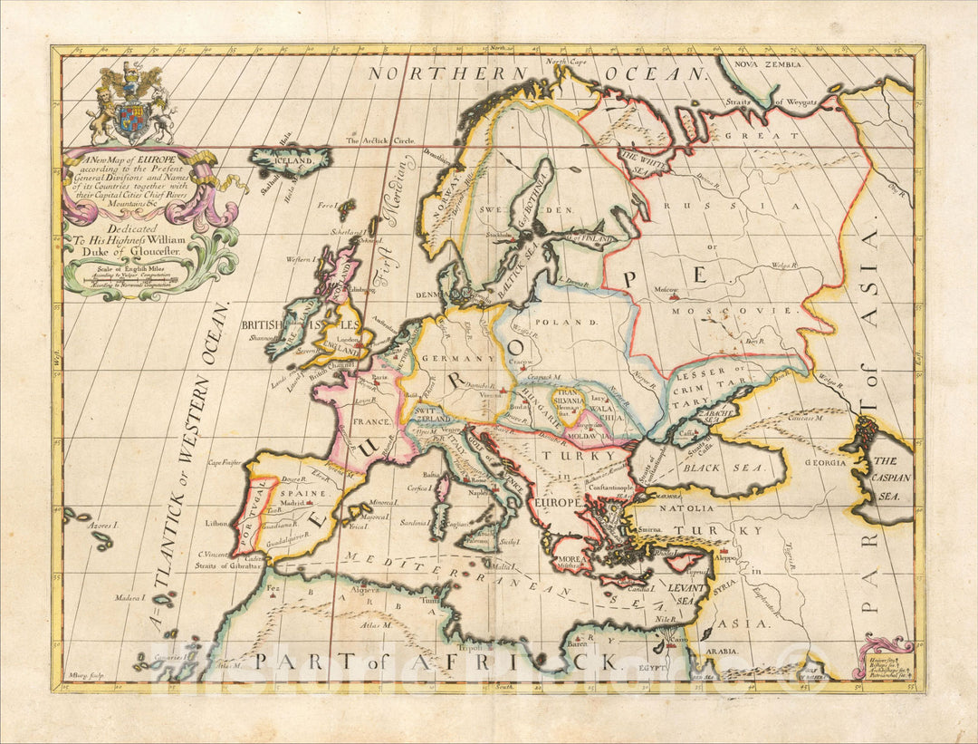 Historic Map : A New Map of Europe according to the Present General Divisions and Names??Capital Cities, Chief Rivers, Mountains, c1700, Edward Wells, Vintage Wall Art