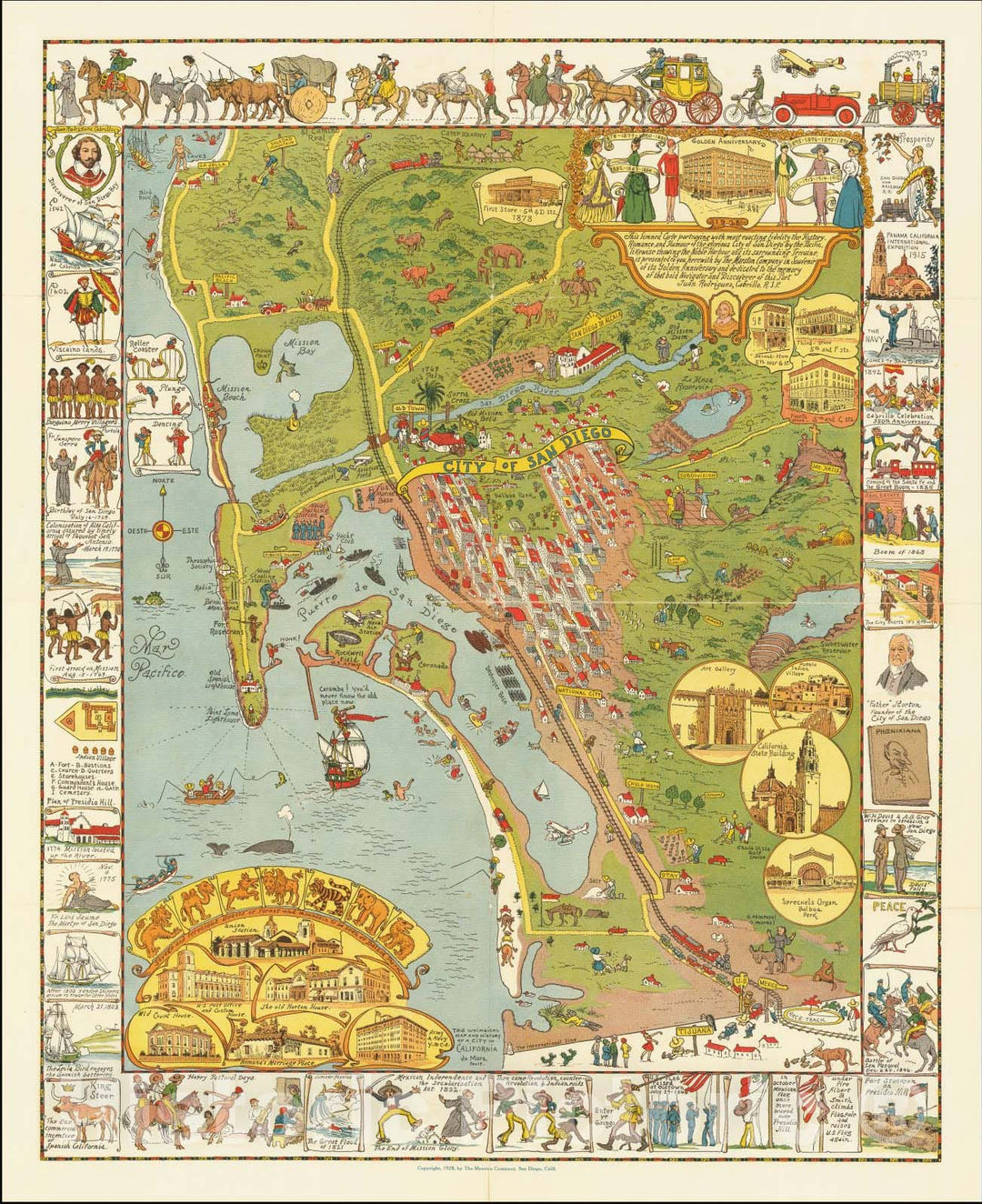 Historic Map : Romance and Humour of the glorious City of San Diego by the Pacific, 1928, Jo Mora, v2, Vintage Wall Art