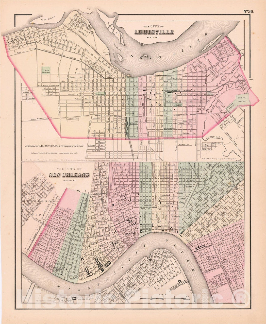 Historic Map : Colton's The City of Louisville with Colton's The City of New Orleans, 1859, Joseph Hutchins Colton, Vintage Wall Art