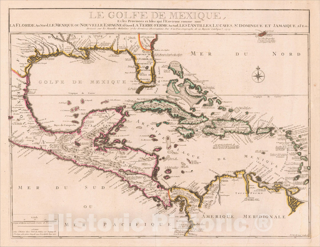 Historic Map : Le Golfe De Mexique, La Floride Au Nord Le Mexique ou Nouvelle Espagne, 1717, 1717, , Vintage Wall Art