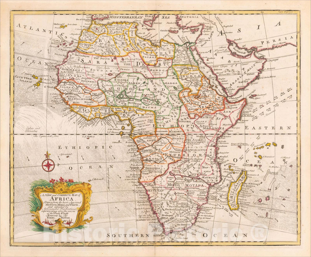 Historic Map : A New and Correct map of Africa, 1744, Emanuel Bowen, Vintage Wall Art