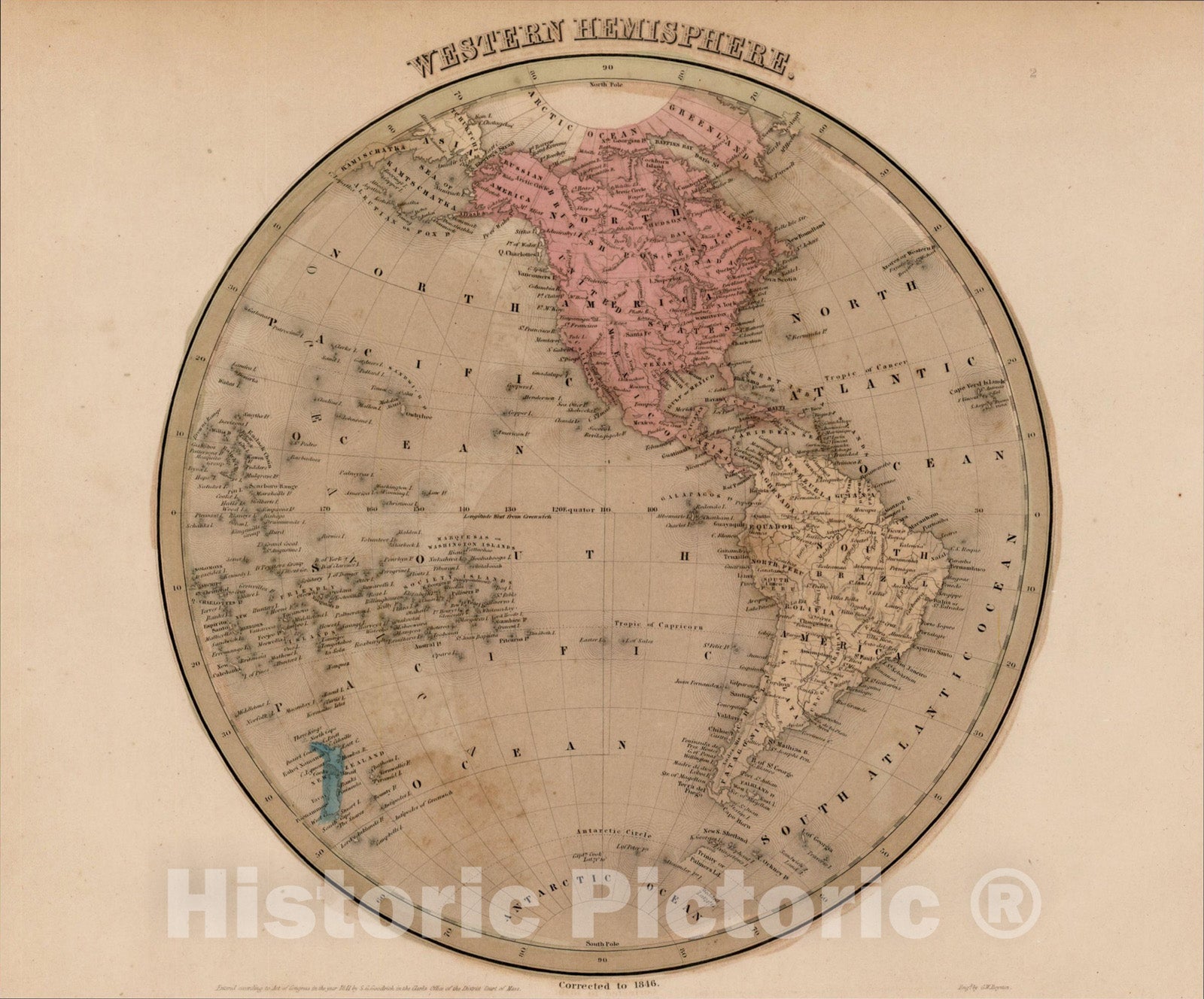 Historic Map : Western Hemisphere. Corrected to 1846, 1846, Thomas Gamaliel Bradford, Vintage Wall Art