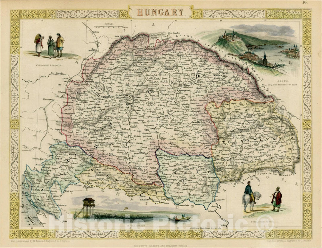 Historic Map : Hungary, 1851, John Tallis, v3, Vintage Wall Art