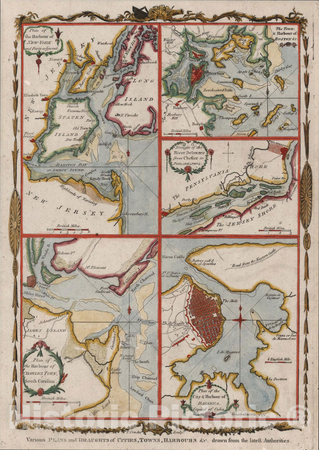 Historic Map : Various Plans and Draughts of Cities, Towns, Harbours &c, [New York, Boston, Charleston, Delaware River to Philadelphia & Havana], 1779, v2, Vintage Wall Art