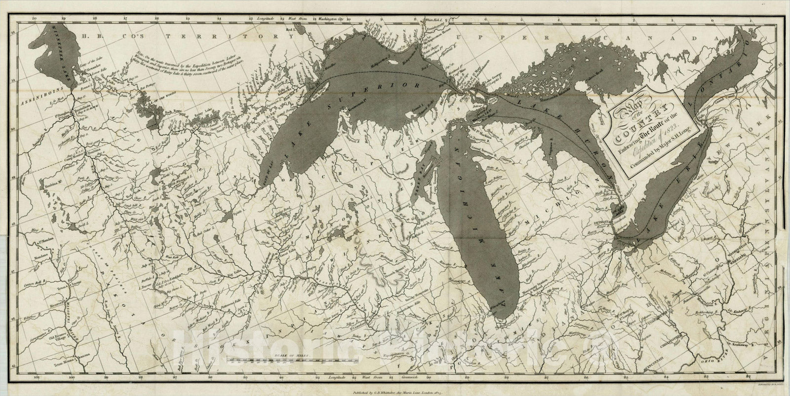 Historic Map : Map of the Country Embracing The Route of the Expedition of 1823. Commanded by Major S.H. Long, 1824, Stephen H. Long, Vintage Wall Art