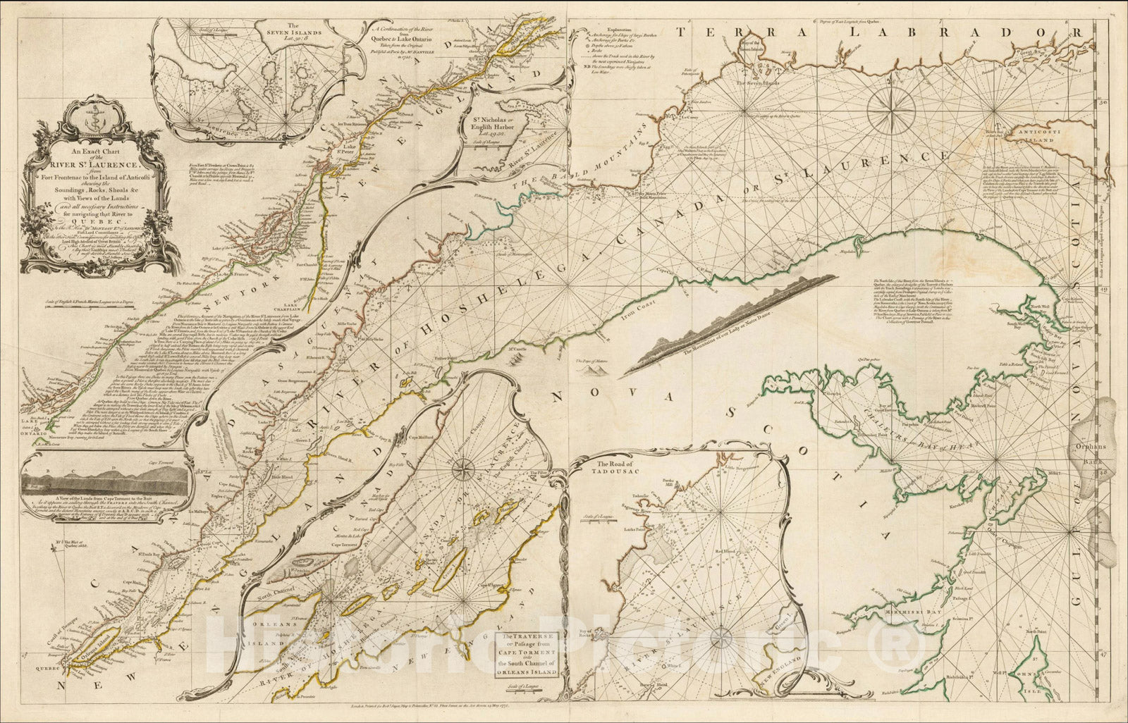 Historic Map : Chart of the River St. Laurence, shewing the Soundings, Rocks, Shoals for navigating that River to Quebec., 1775, , Vintage Wall Art