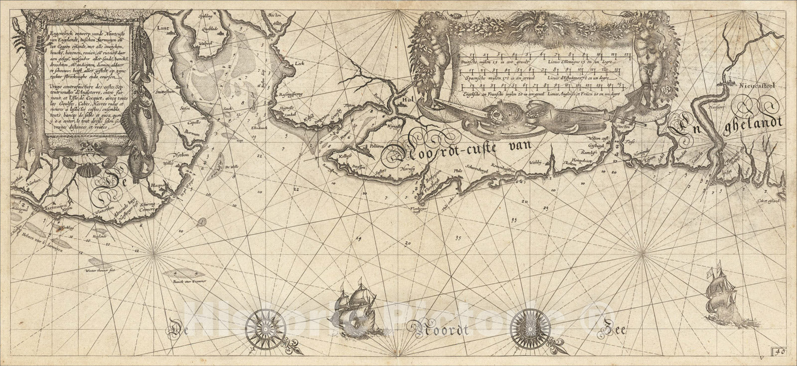 Historic Map : East Coast of England - Great Yarmouth to Newcastle, 1608, Willem Janszoon Blaeu, Vintage Wall Art