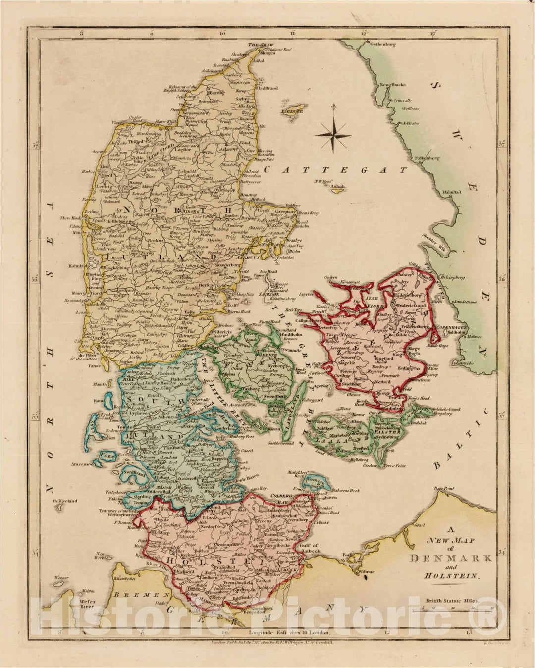 Historic Map : A New Map of Denmark and Holstein, 1794, Robert Wilkinson, Vintage Wall Art