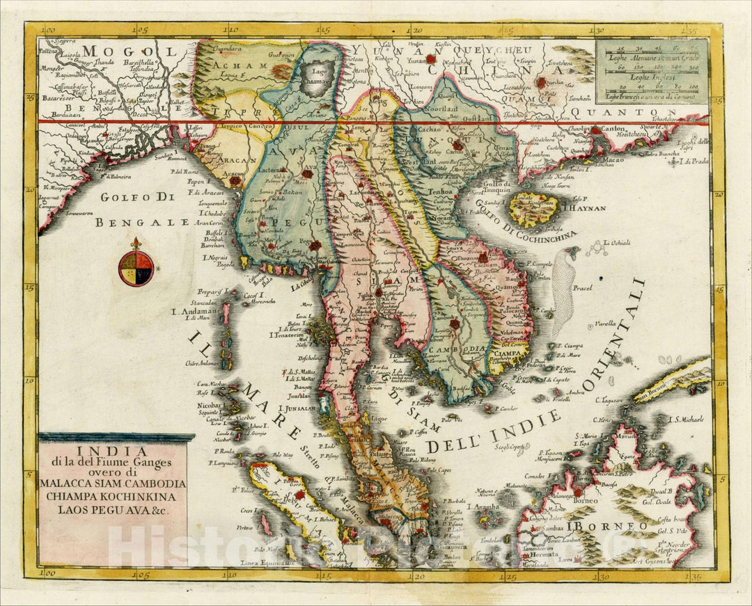 Historic Map : India di la del Fiume Ganges overo di Malacca Siam Cambodia Chiampa Kochinkina Laos Pegu Ava &c., 1740, Giambattista Albrizzi, Vintage Wall Art