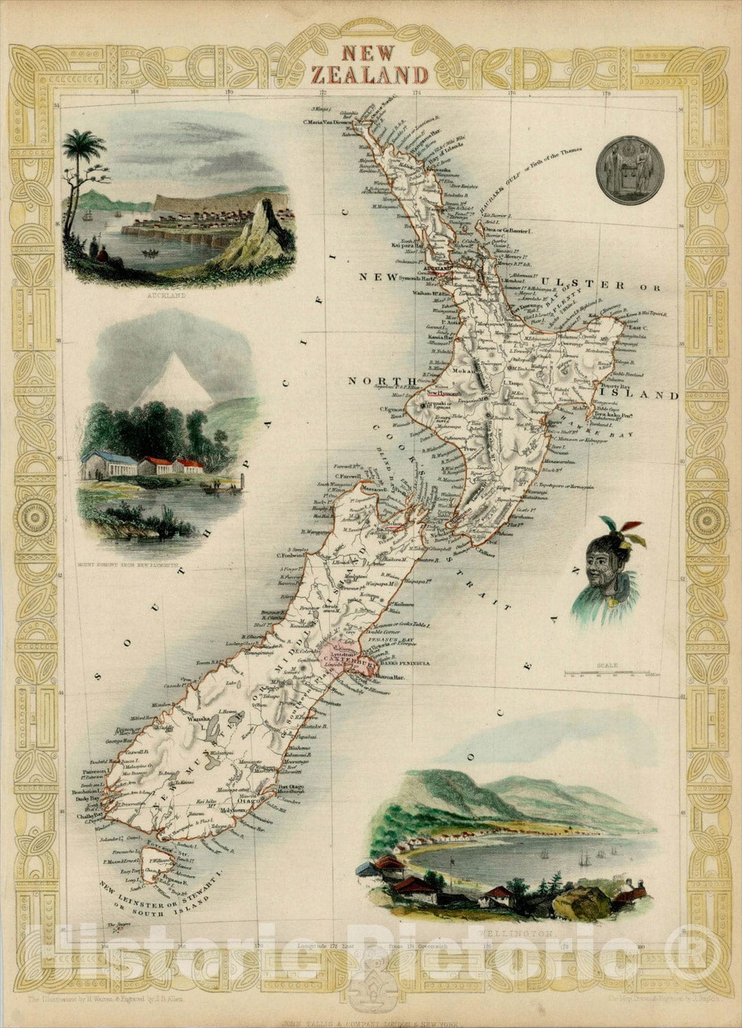 Historic Map : New Zealand, 1851, John Tallis, v5, Vintage Wall Art