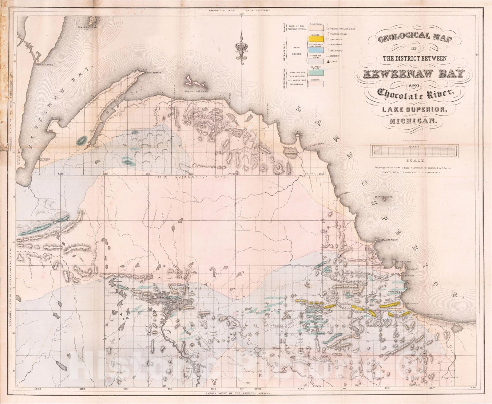 Historic Map : Geological Map of The District Between Keweenaw Bay and Chocolate River, Lake Superior, Michigan, 1849, Josiah Dwight Whitney, Vintage Wall Art