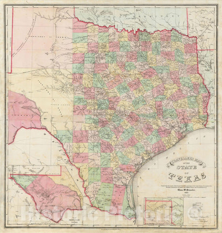 Historic Map : Traveller's Map of the State of Texas, c1867, Charles Pressler, Vintage Wall Art