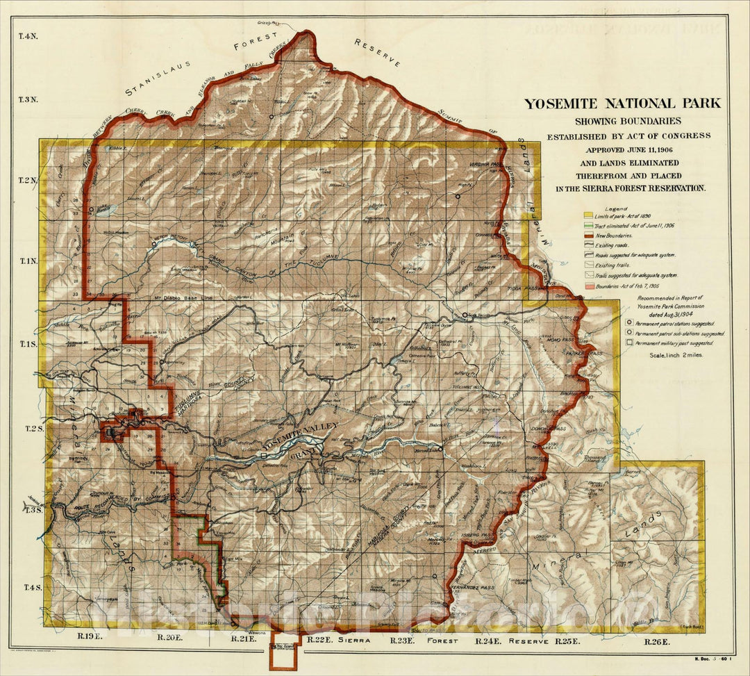 Historic Map : Yosemite National Park Showing Boundaries Established By Act of Congress Approved June 11, 1906, 1906, United States Department of the Interior, Vintage Wall Art