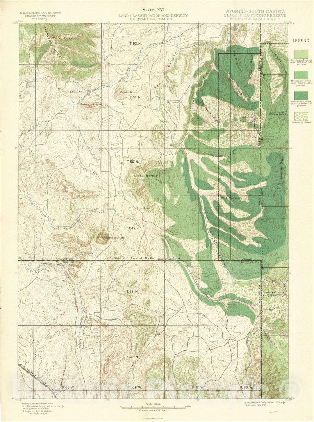 Historic Map : Sundance Quadrangle -- Wyoming - South Dakota Black Hills Forest Reserve, 1894, U.S. Geological Survey, Vintage Wall Art