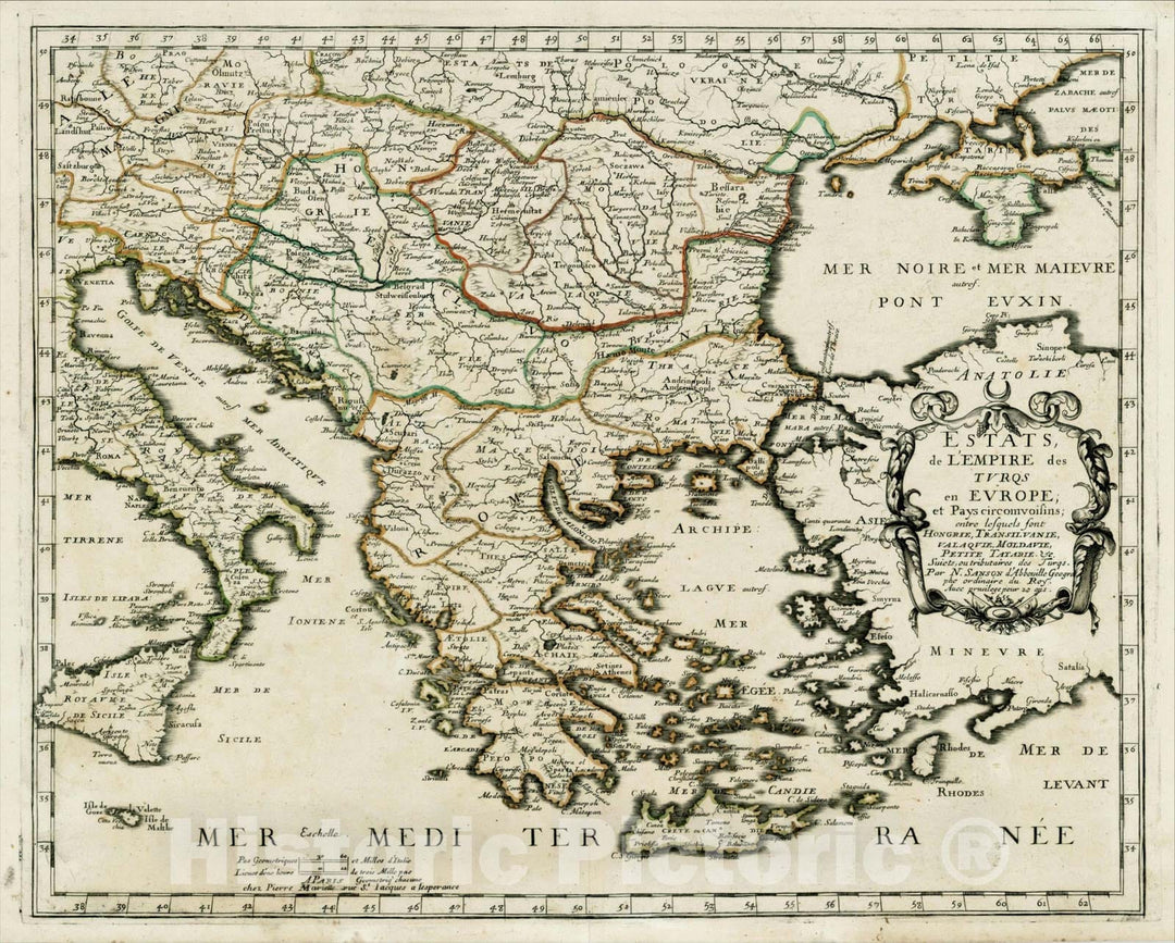 Historic Map : Estats De L'Empire Des Turqs en Europe; et Pays circomvoisins; entre lesquels sont Hongrie, 1655, , Vintage Wall Art