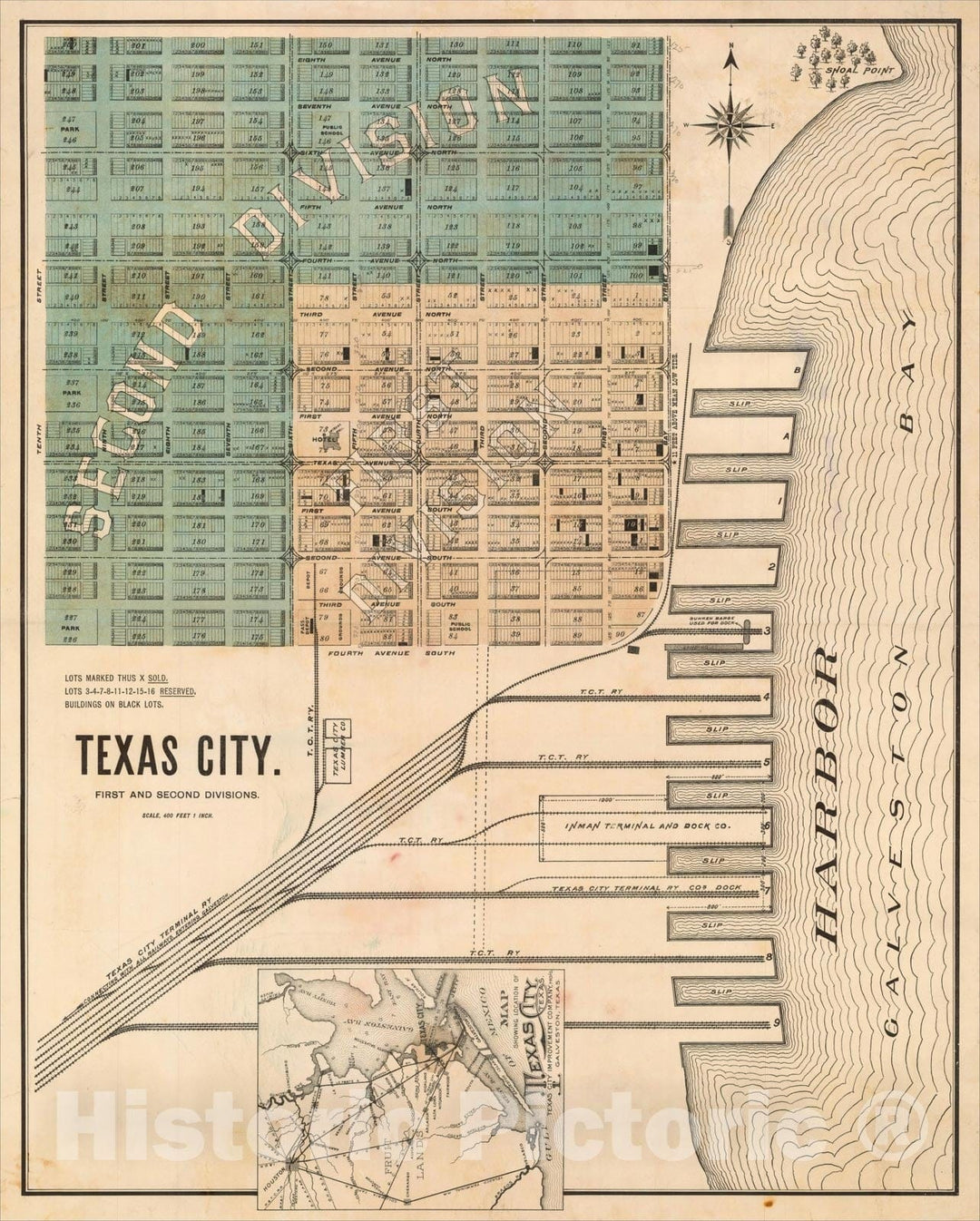 Historic Map : Texas City. First and Second Divisions, c1893, , Vintage Wall Art