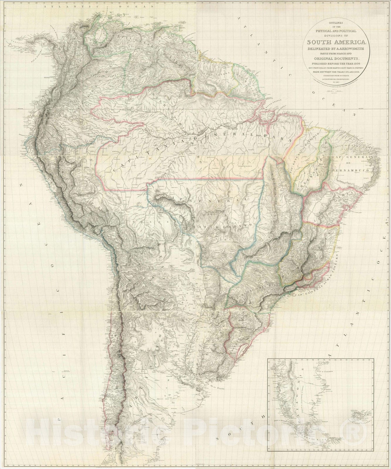 Historic Map : Outlines of the Physical and Political Divisions of South America, 1814, Aaron Arrowsmith, Vintage Wall Art